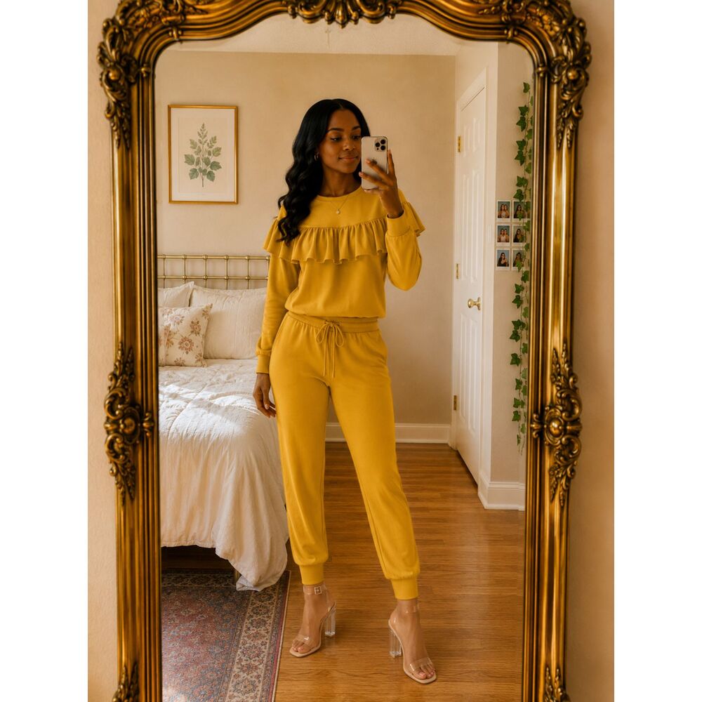 Mustard Yellow Ruffle Jogger Set Women Size L Matching Lounge Boho Chic